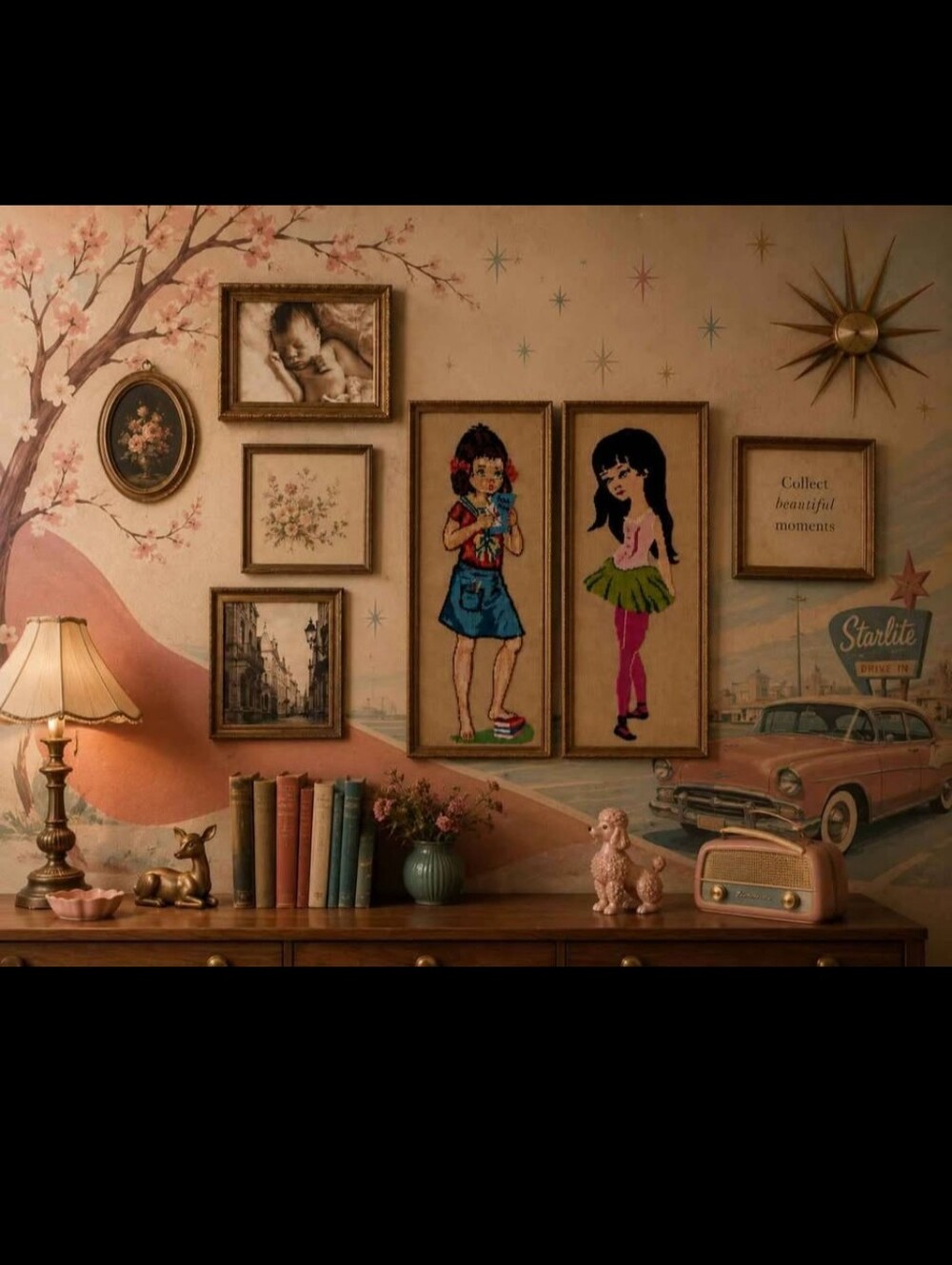 Vintage Girl Needlepoint Wall Art - Pink & Blue